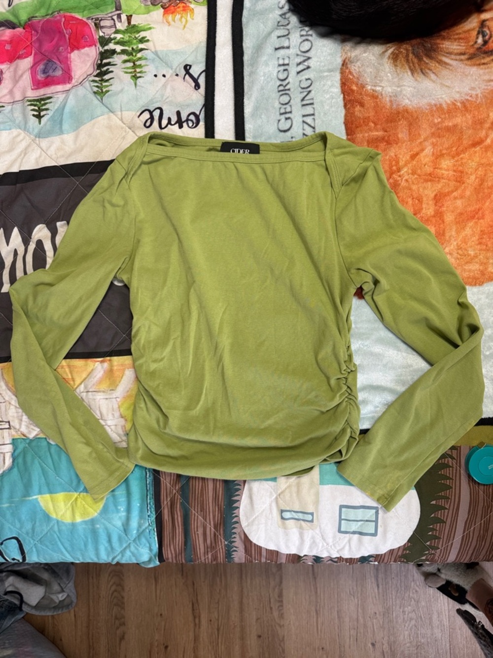 Cider Olive Green Long Sleeve Side Ruched Top